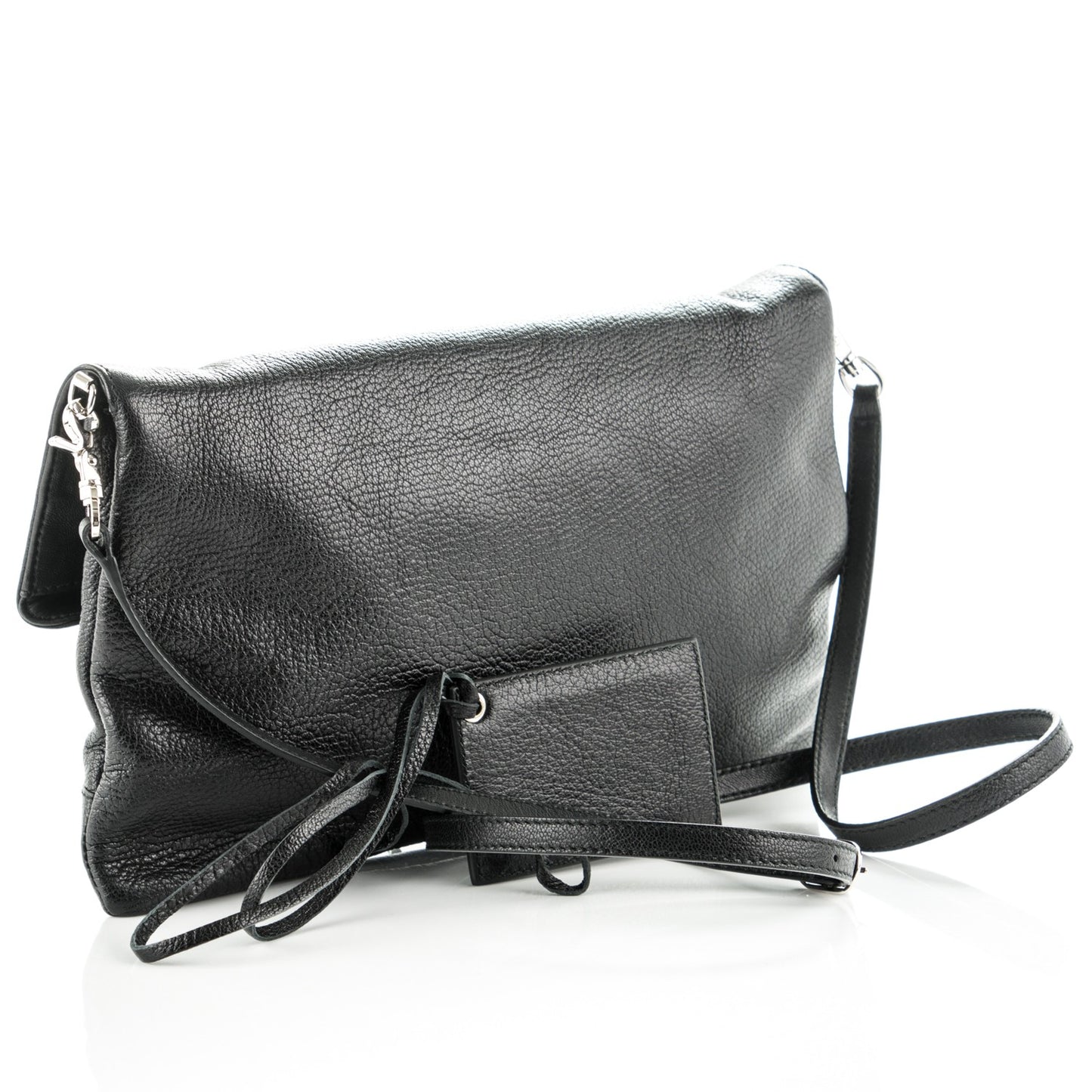 Chevre Silver Metallic Edge Hardware Envelope Clutch Black