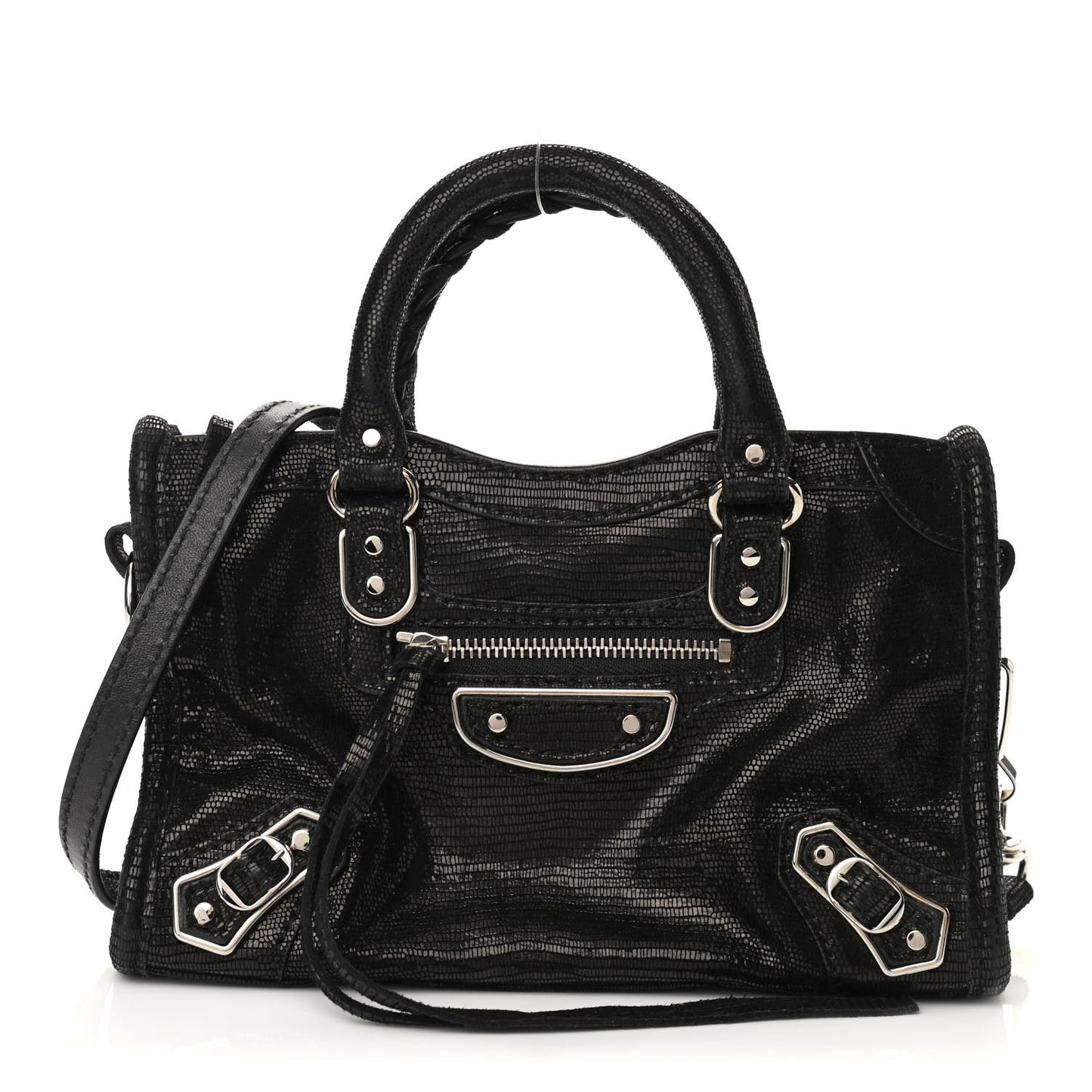 Lizard Embossed Agneau Silver Metallic Edge Hardware Nano City Black