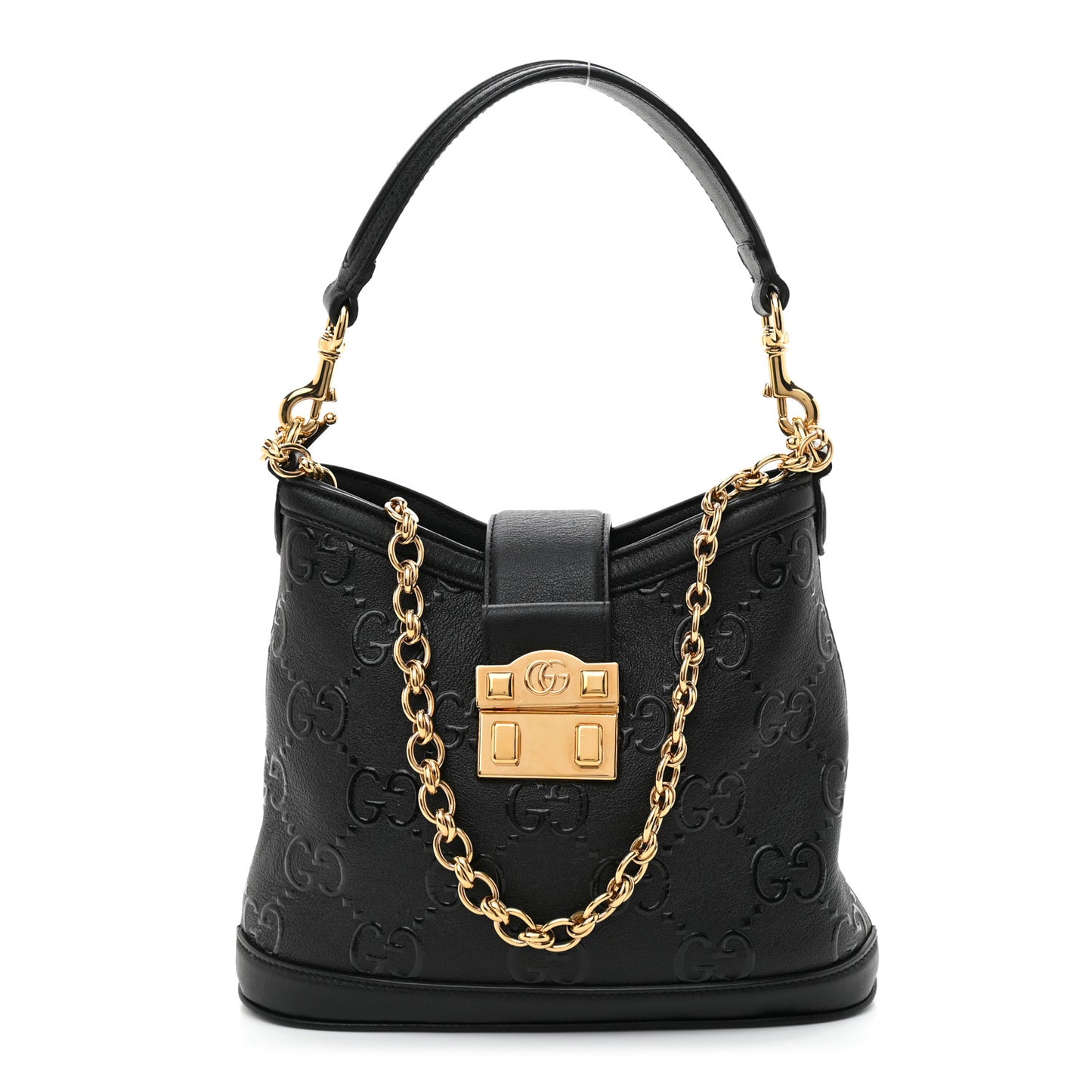 Wonka Grain Calfskin GG Monogram Debossed Small Padlock Shoulder Bag Black