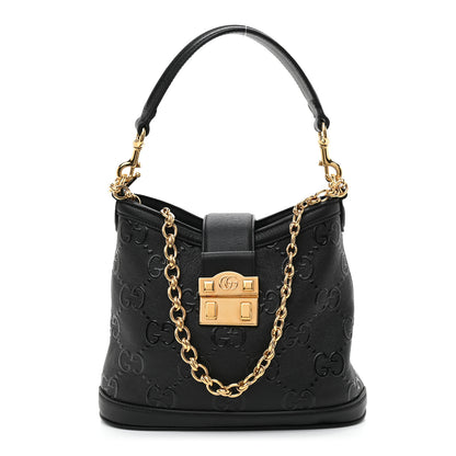 Gucci Wonka Grain Calfskin GG Monogram Debossed Small Padlock Shoulder Bag Black 1 of 8
