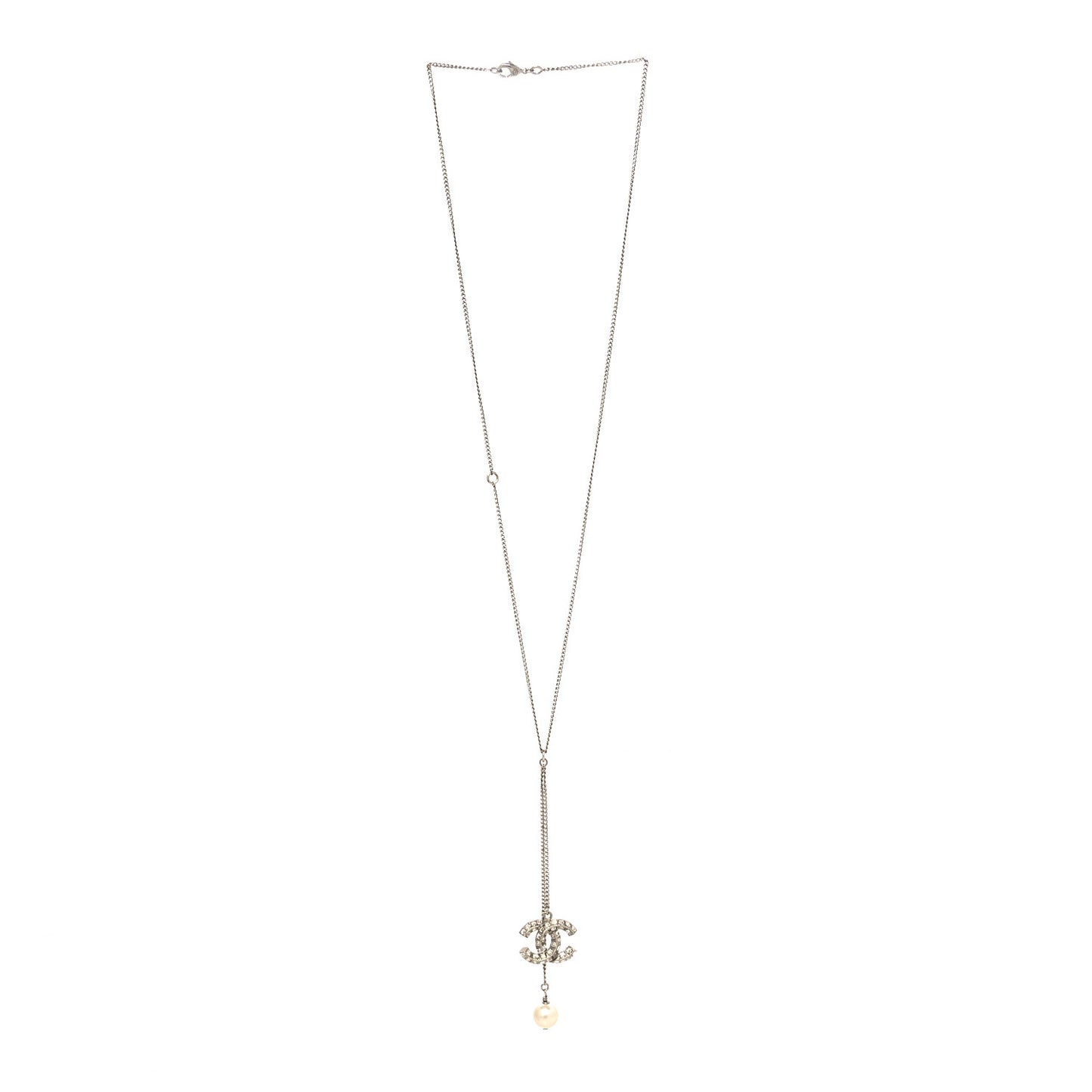Baguette Crystal Pearl CC Lariat Necklace Silver