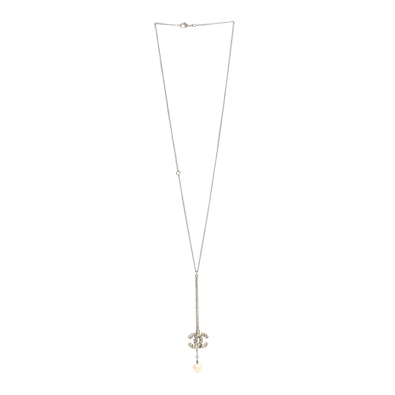 Chanel Baguette Crystal Pearl CC Lariat Necklace Silver 3 of 6