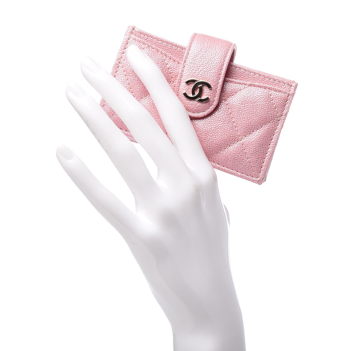 Iridescent Caviar Quilted Gusseted Card Holder Pink