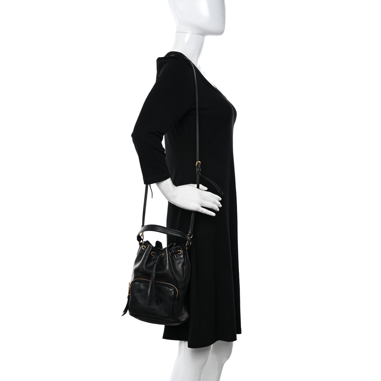 Prada Glace Calfskin Embossed Secchiello Bucket Bag Black 2 of 9