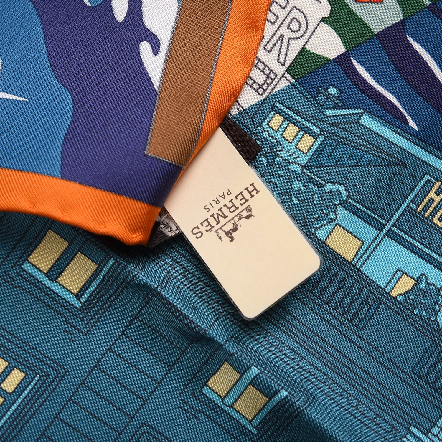 Hermes Silk Space Shopping Au Faubourg Pocket Square Scarf Bleu Orange Vert 5 of 7