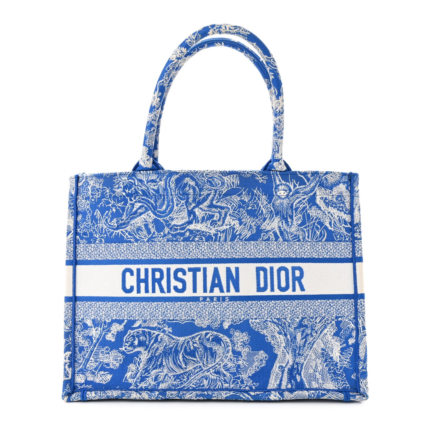 Canvas Embroidered Medium Dioriviera Toile De Jouy Book Tote Fluorescent Blue