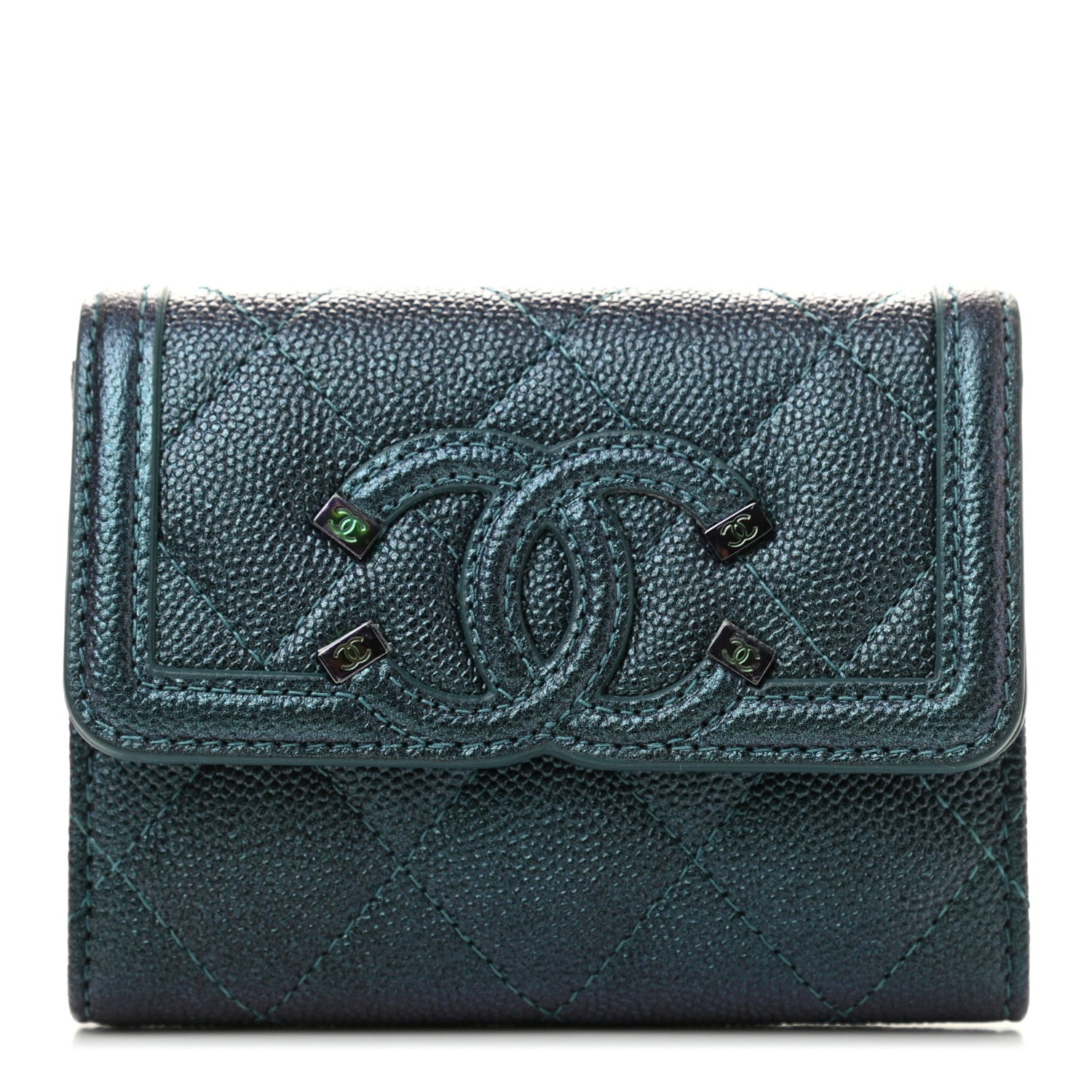 Chanel Iridescent Caviar Quilted Filigree Flap Card Holder Dark Turquoise 1 of 10