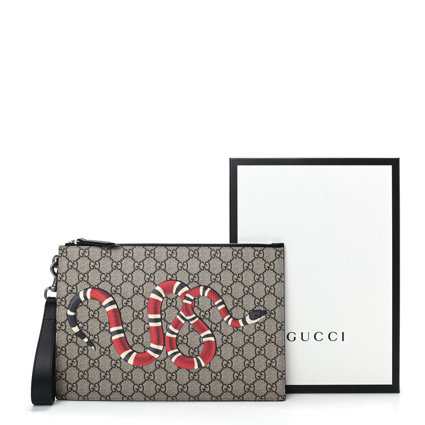 GG Supreme Monogram Kingsnake Zip Wristlet Pouch Beige Black