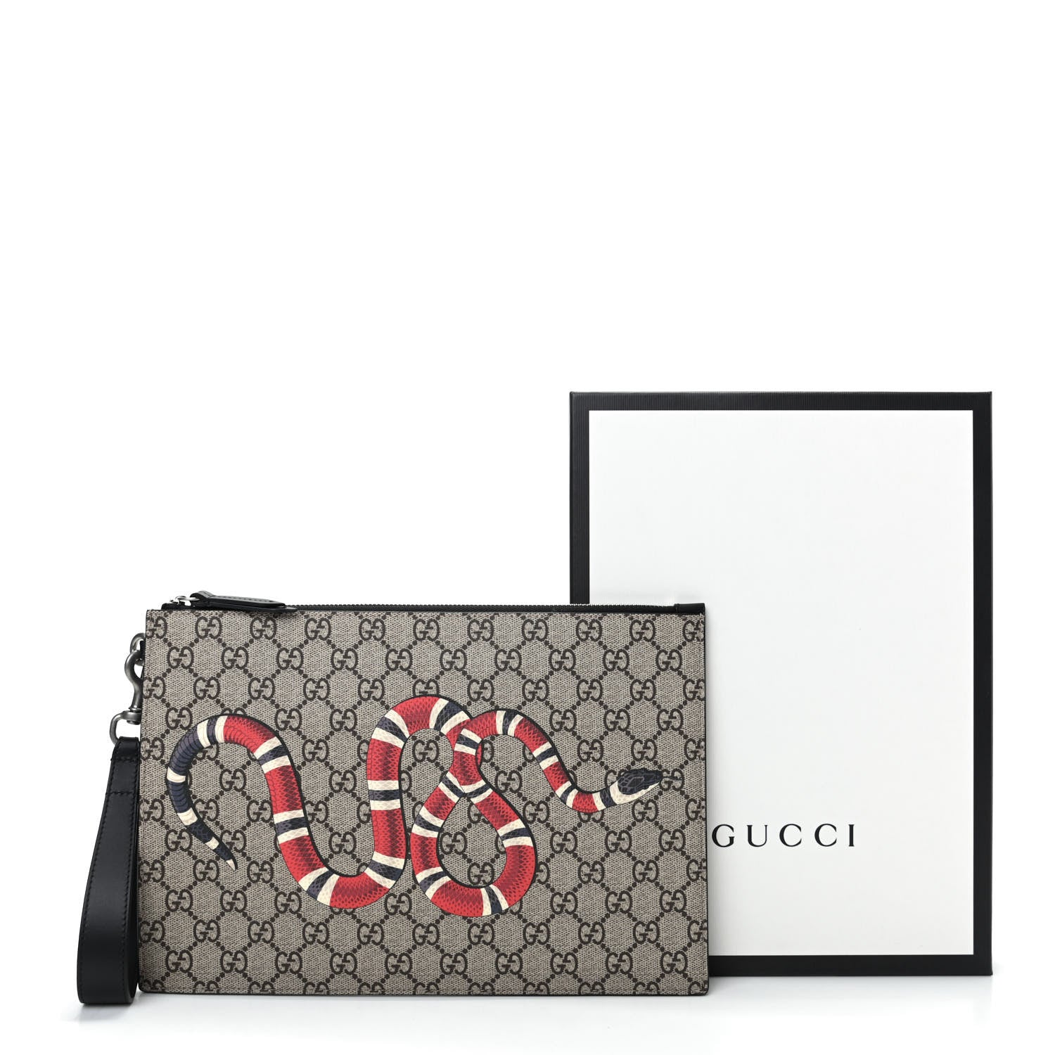 Gucci GG Supreme Monogram Kingsnake Zip Wristlet Pouch Beige Black 8 of 8