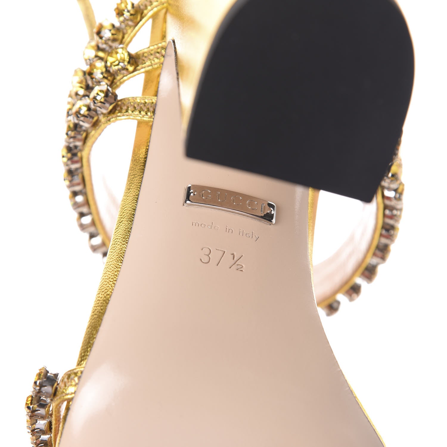 Gucci Nappa Silk Crystal Bertie High Heel Sandals 37.5 Gold 6 of 7