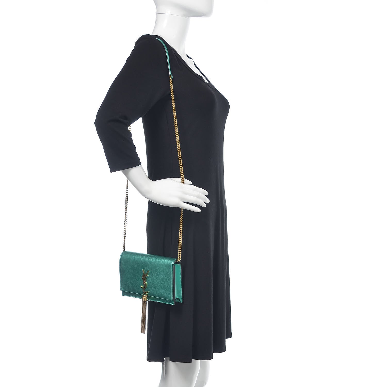 Saint Laurent Laminated Calfskin Classic Monogram Kate Tassel Chain Wallet Green 2 of 11