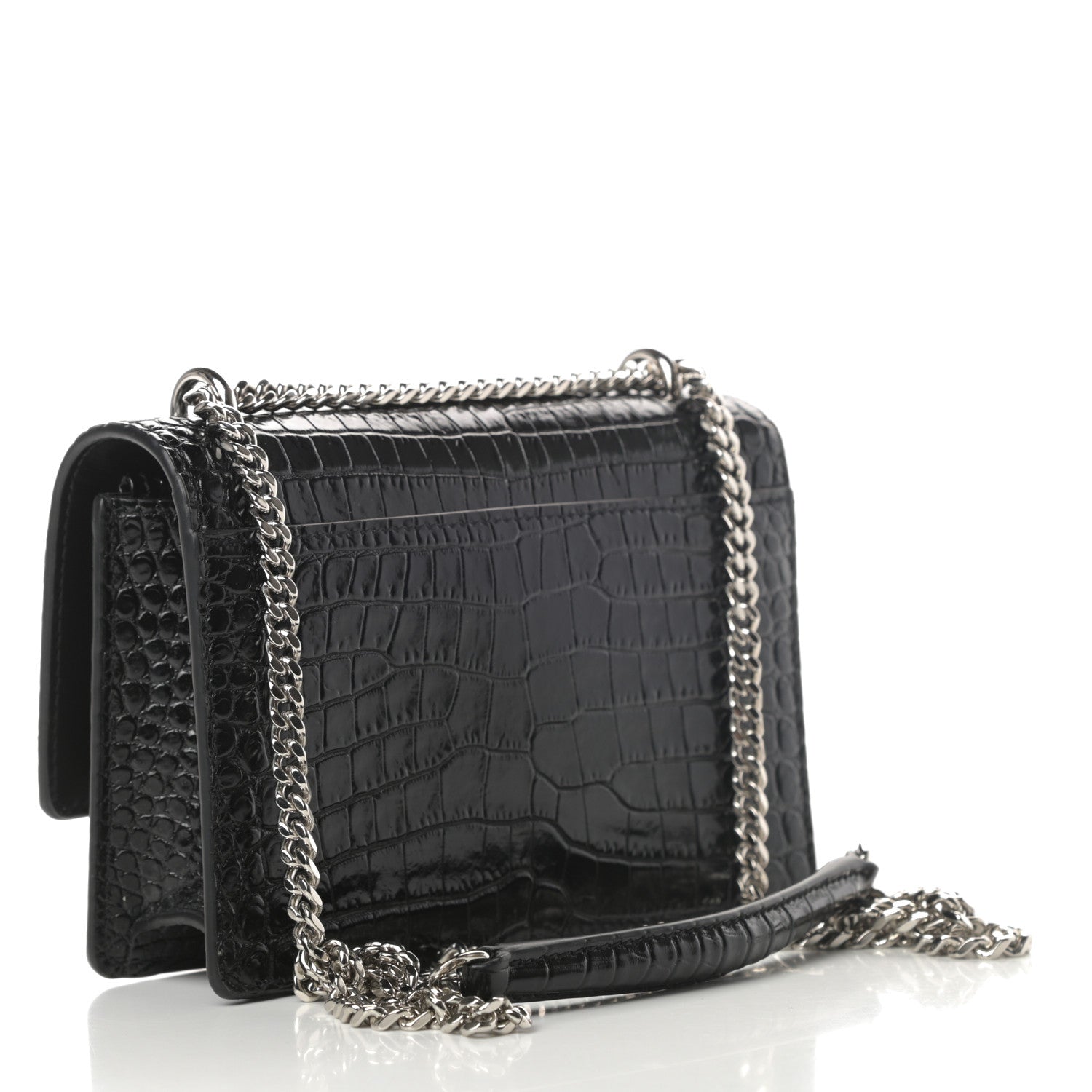 Saint Laurent Calfskin Crocodile Embossed Monogram Sunset Chain Wallet Black 3 of 9
