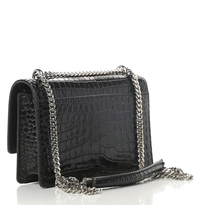 Saint Laurent Calfskin Crocodile Embossed Monogram Sunset Chain Wallet Black 3 of 9