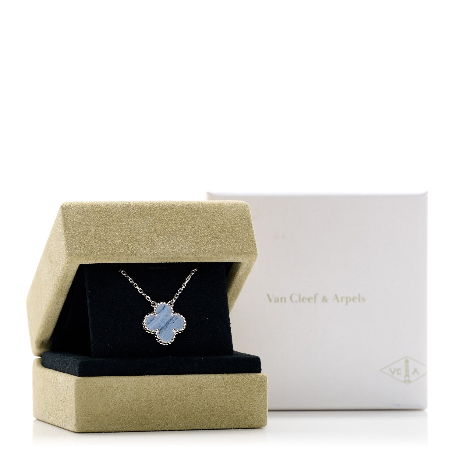 Van Cleef & Arpels 18K White Gold Chalcedony Vintage Alhambra Pendant Necklace 6 of 6