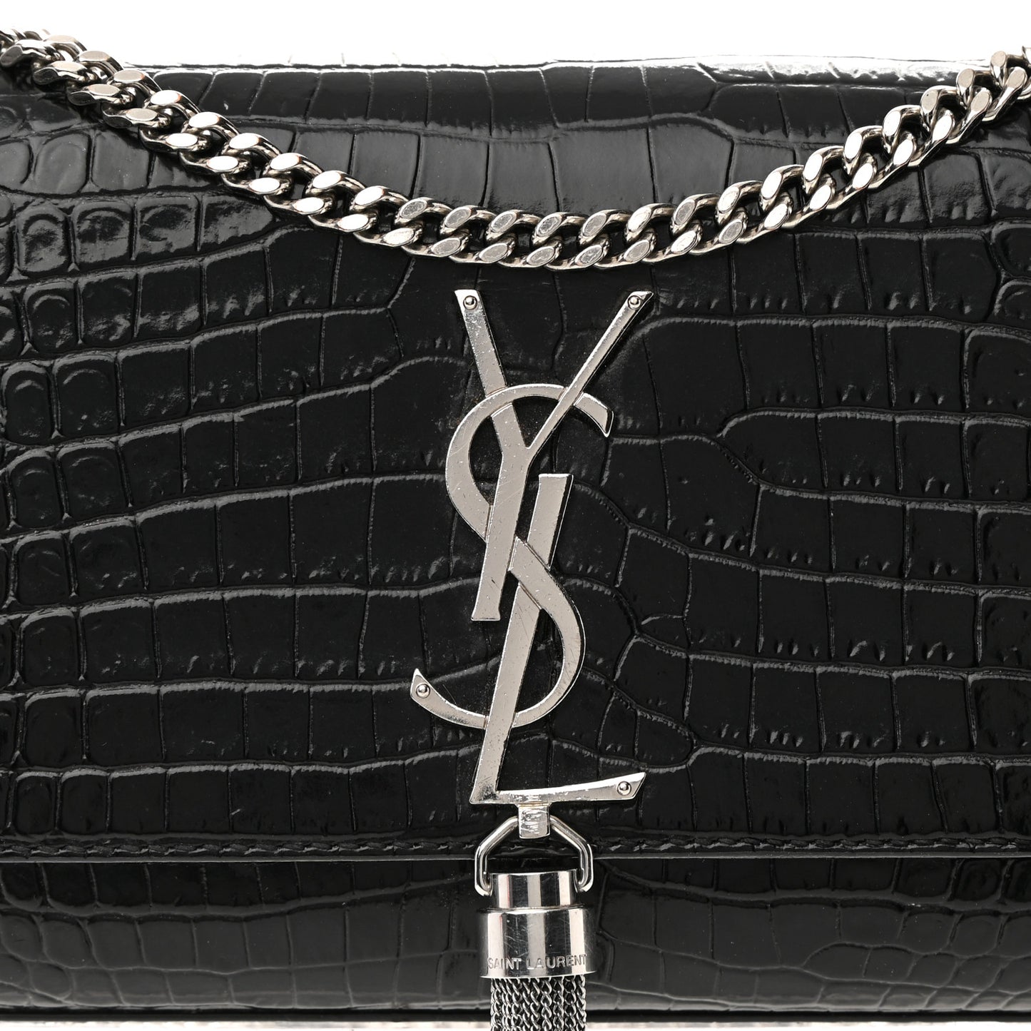 Calfskin Crocodile Embossed Small Classic Monogram Kate Tassel Satchel Black