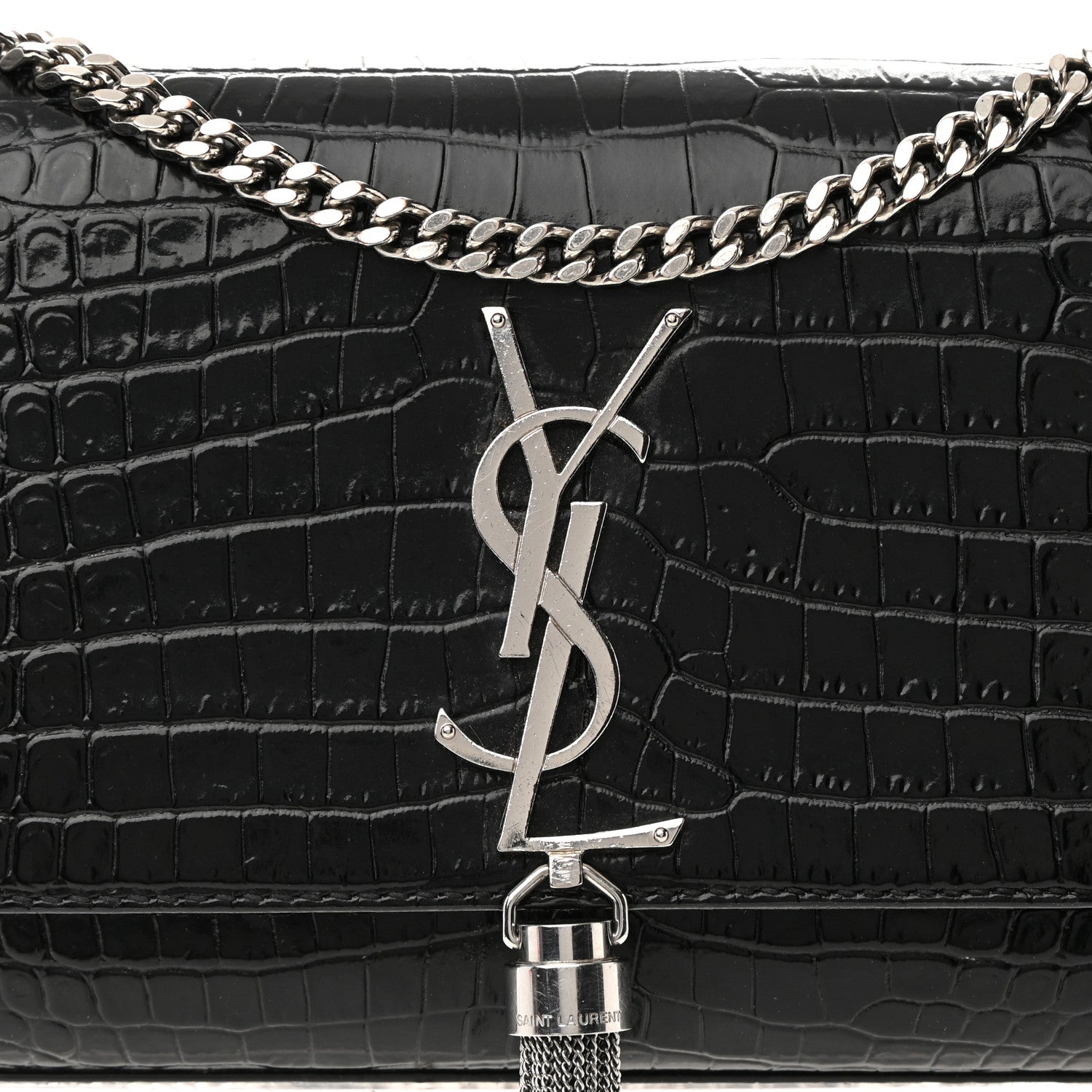Saint Laurent Calfskin Crocodile Embossed Small Classic Monogram Kate Tassel Satchel Black 7 of 16