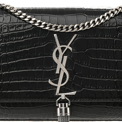 Saint Laurent Calfskin Crocodile Embossed Small Classic Monogram Kate Tassel Satchel Black 7 of 16