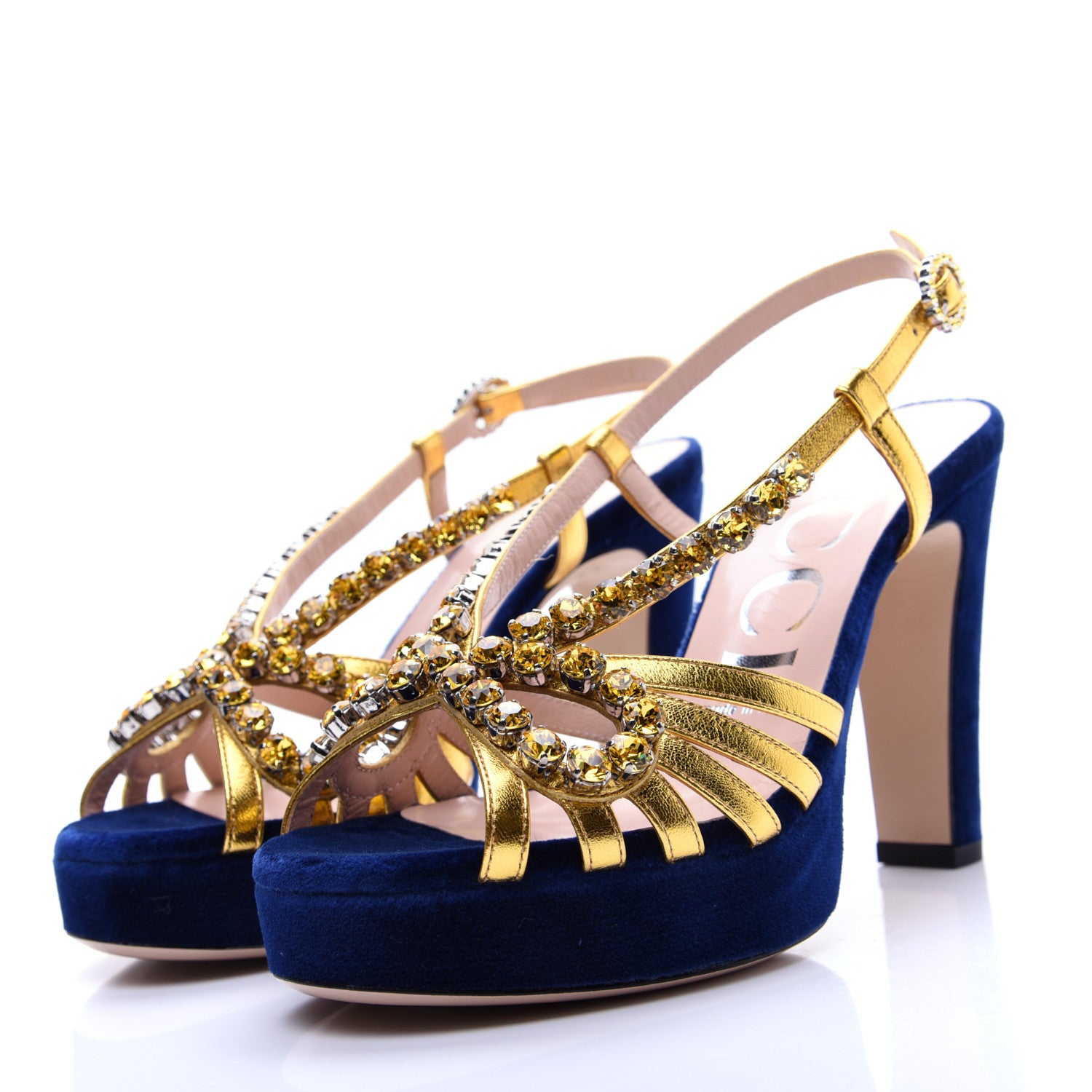 Gucci Velvet Nappa Crystal Zephyra Slingback Platform High Heel Sandals 36.5 Blue Gold 5 of 12