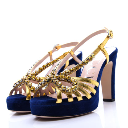 Gucci Velvet Nappa Crystal Zephyra Slingback Platform High Heel Sandals 36.5 Blue Gold 5 of 12