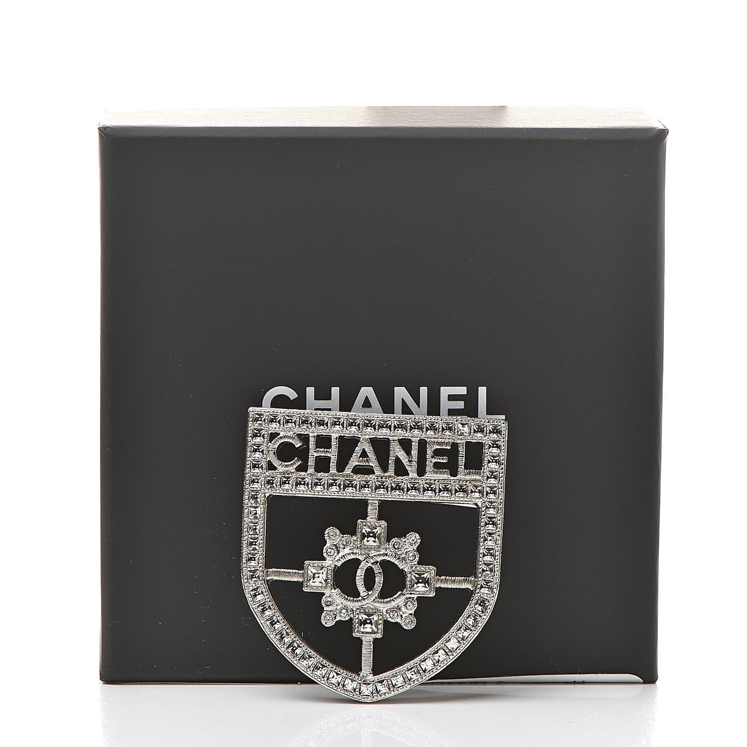 Chanel Swarovski Baguette Crystal CC Shield Brooch Silver 5 of 5