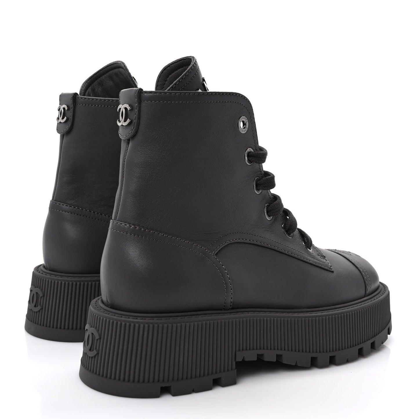 Calfskin CC Lace Up Combat Boots 37 Gray