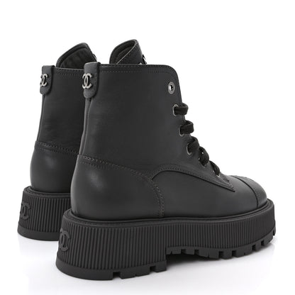 Chanel Calfskin CC Lace Up Combat Boots 37 Gray 4 of 10