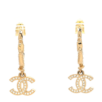 Chanel Metal Crystal Studded CC Hoop Drop Earrings Gold 1 of 4