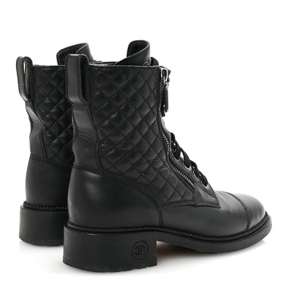 Chanel Calfskin Quilted Lace Up Combat Boots 37.5 Black 5 of 10