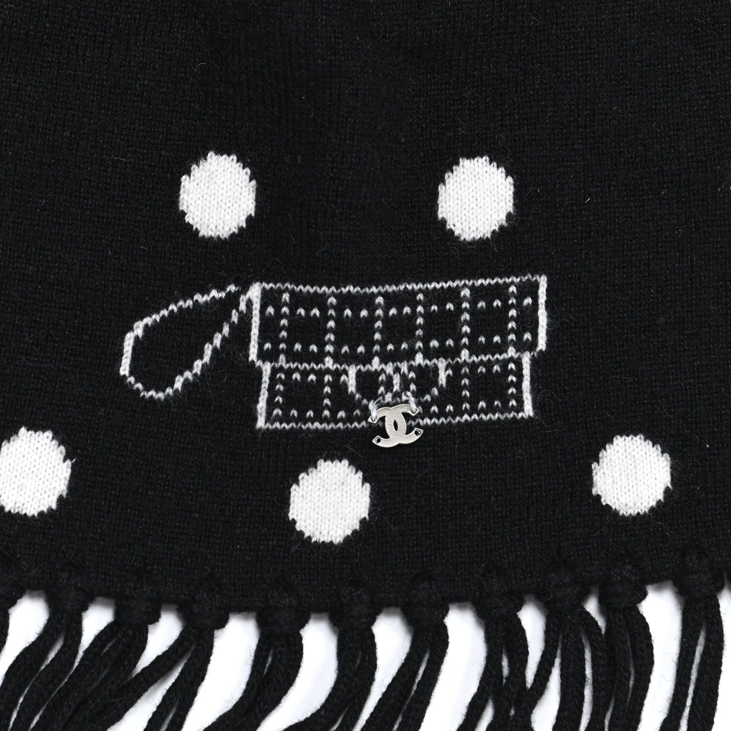 Chanel Cashmere Crystal CC Fringe Scarf Black White 5 of 6