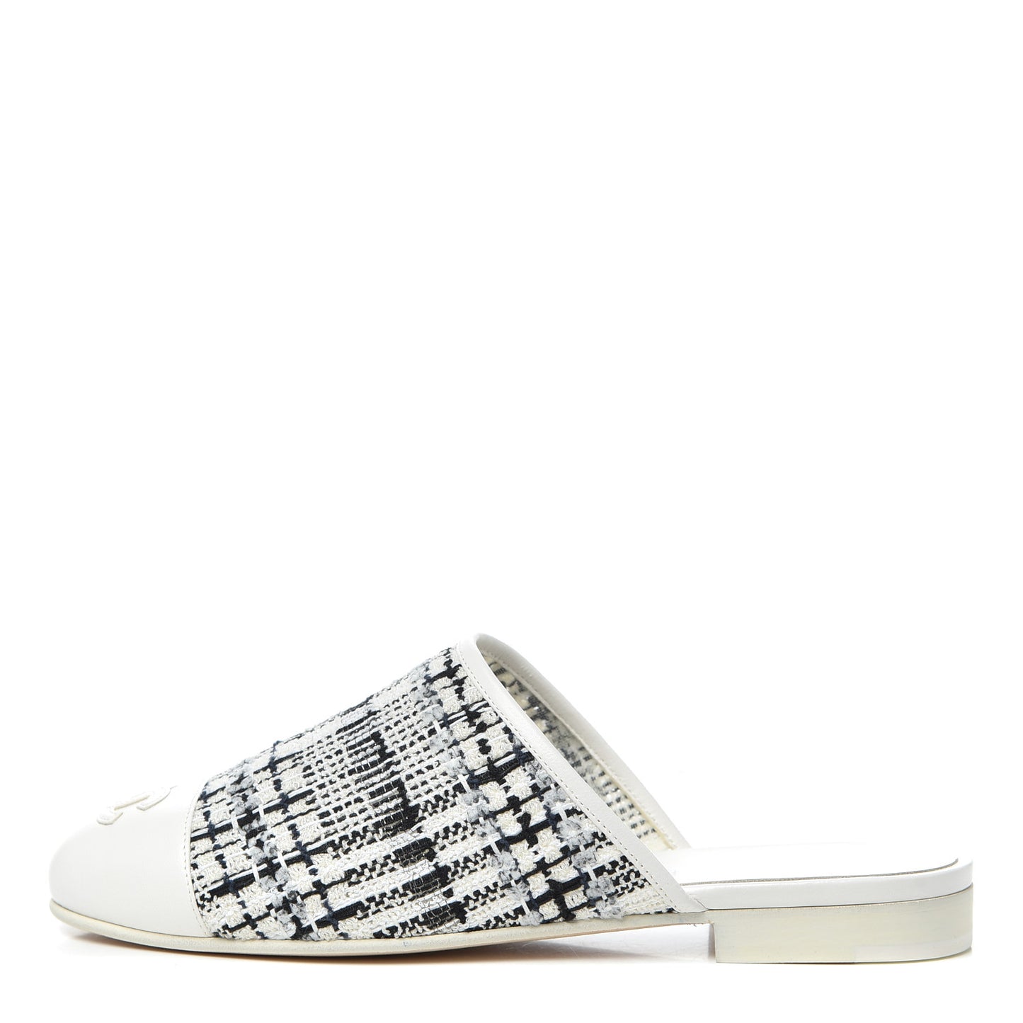 Tweed Lambskin CC Flat Mules 35.5 White Black