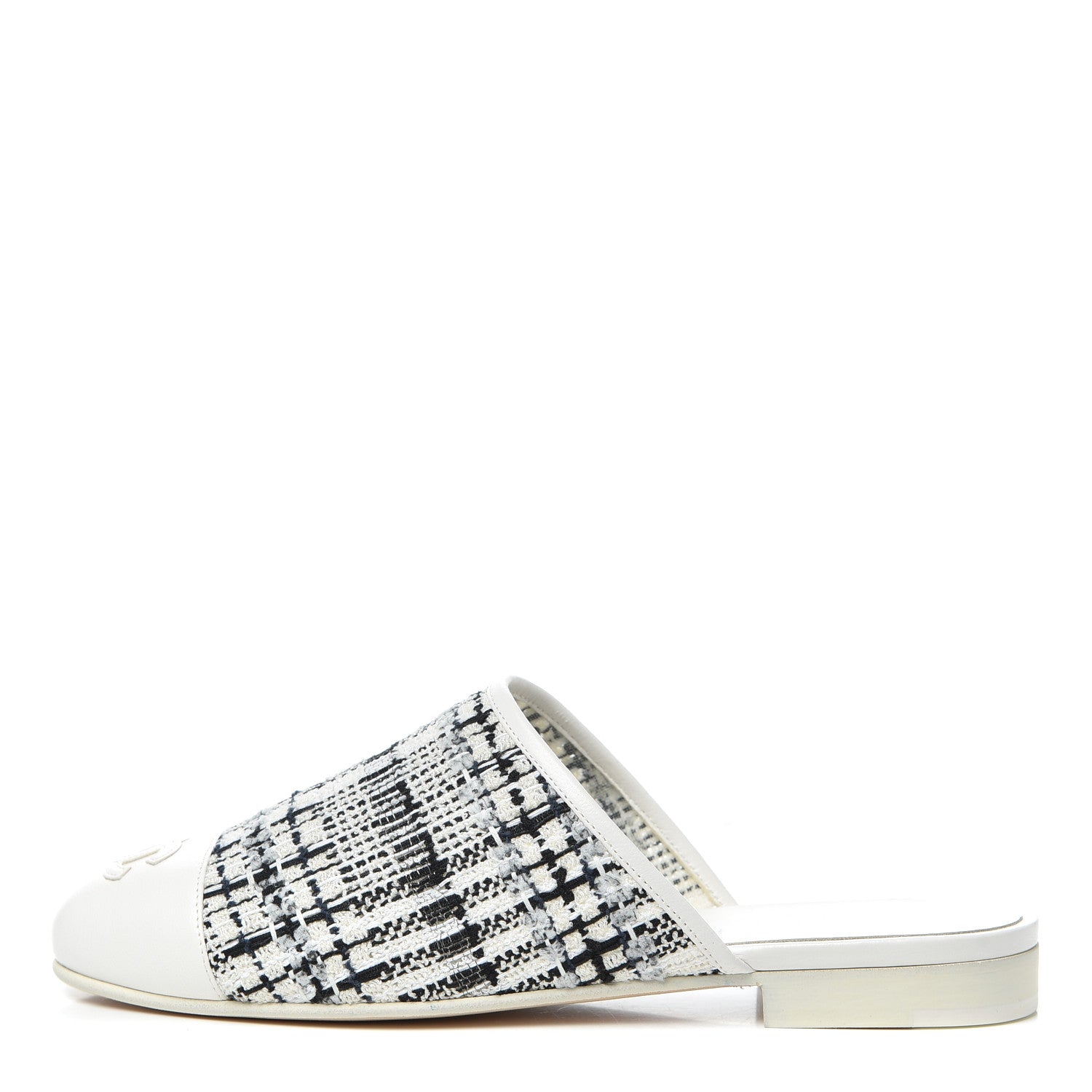 Chanel Tweed Lambskin CC Flat Mules 35.5 White Black 1 of 9