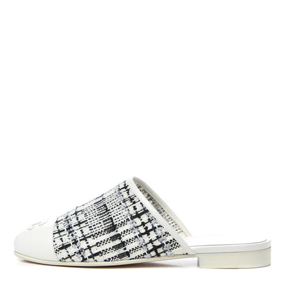 Chanel Tweed Lambskin CC Flat Mules 35.5 White Black 1 of 9