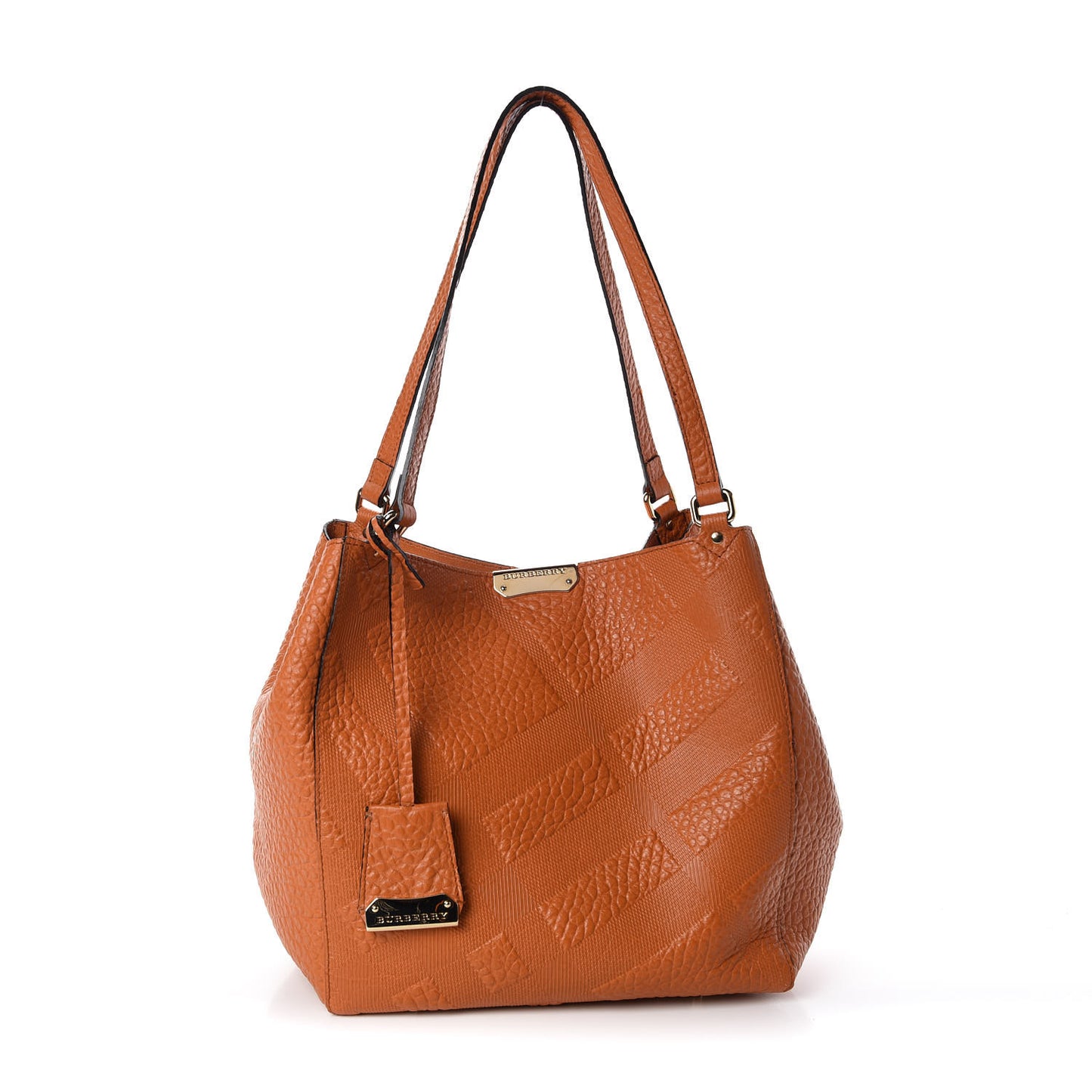 Signature Grain Calfskin Check Embossed Small Canterbury Tote Copper Orange