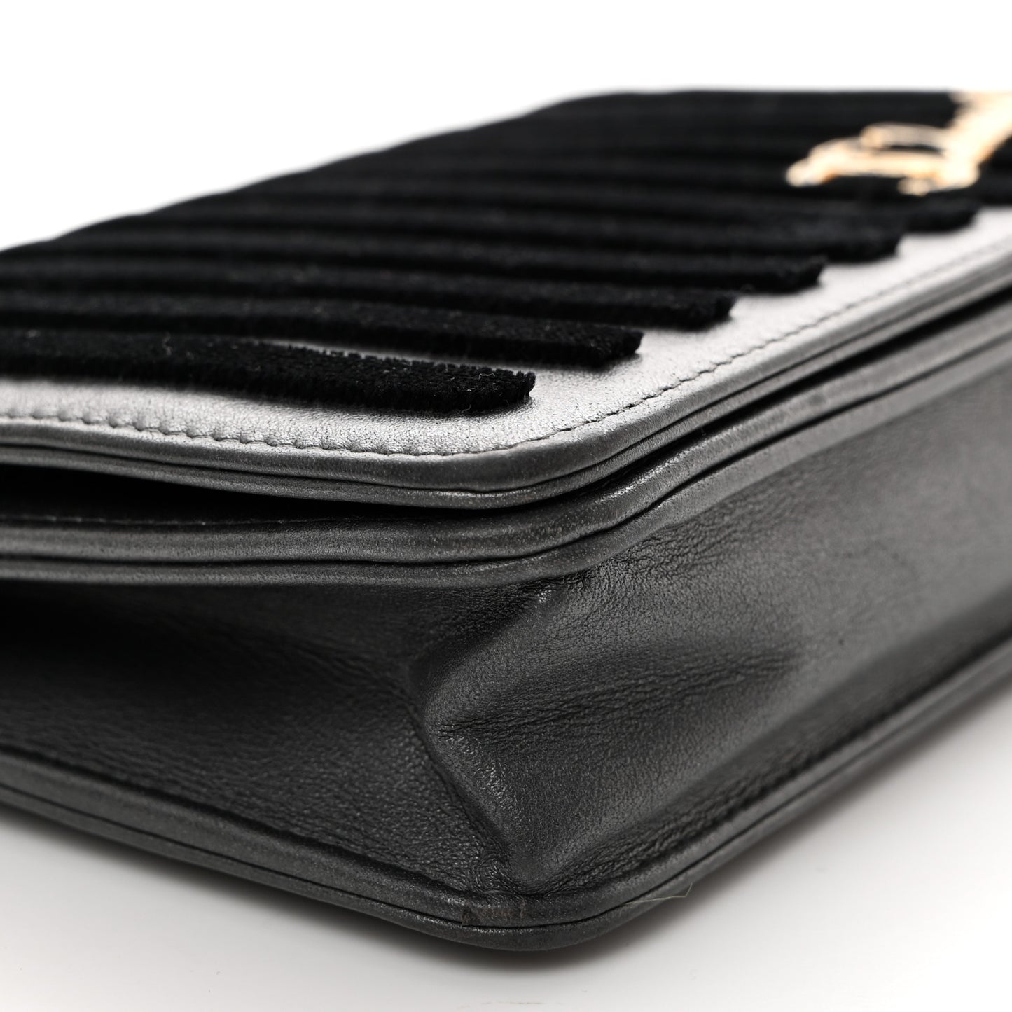 Iridescent Calfskin Velvet Stripe Wallet On Chain WOC Charcoal