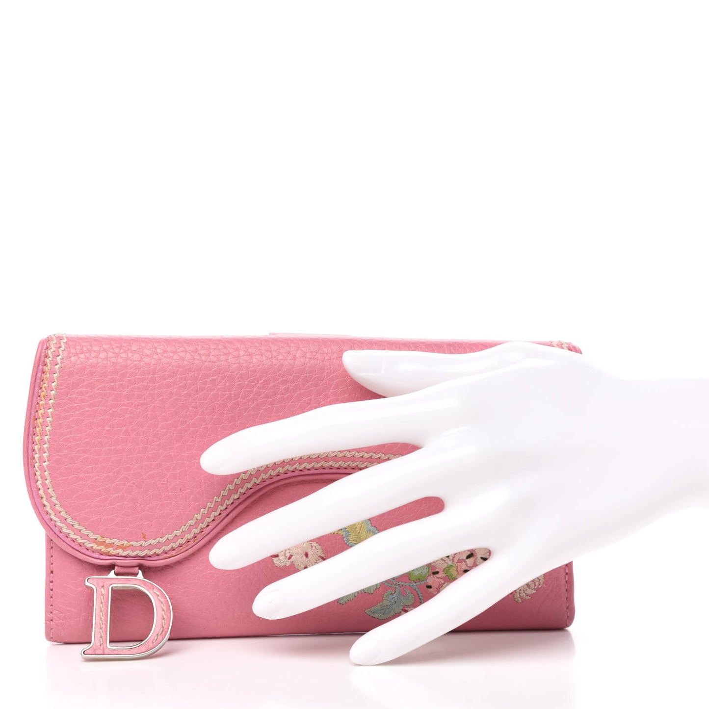 Calfskin Embroidered Romantic Flowers Saddle Wallet Pink