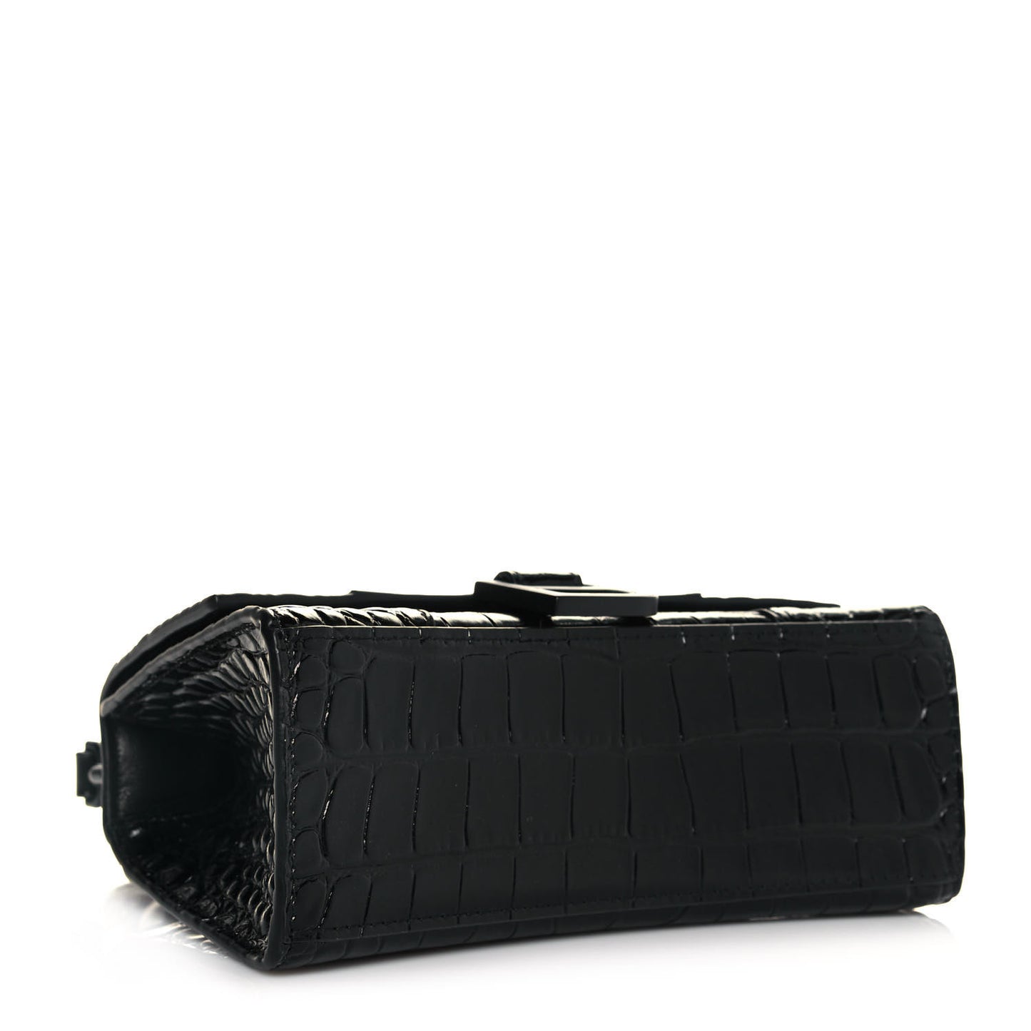 Shiny Calfskin Monochrome Crocodile Embossed Hourglass Top Handle Bag XS Black