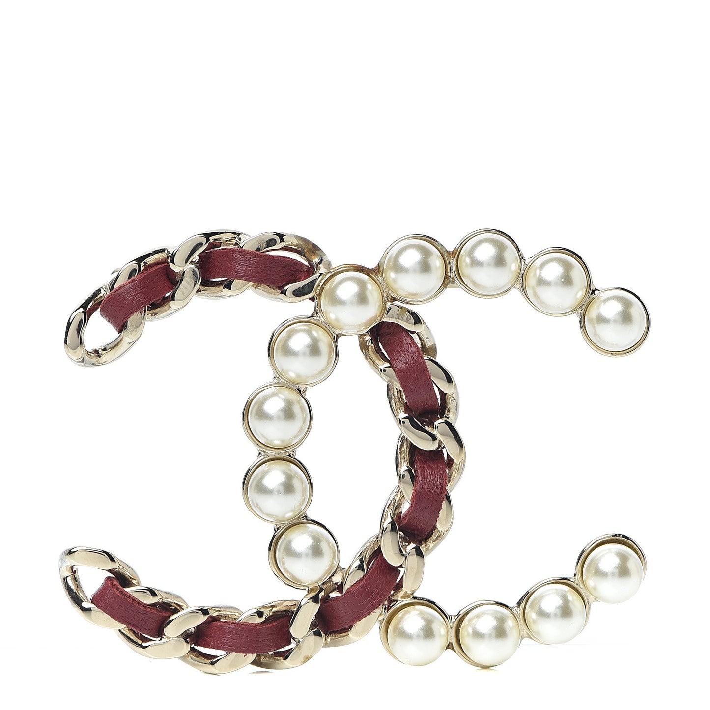 Lambskin Pearl CC Chain Brooch Red Gold