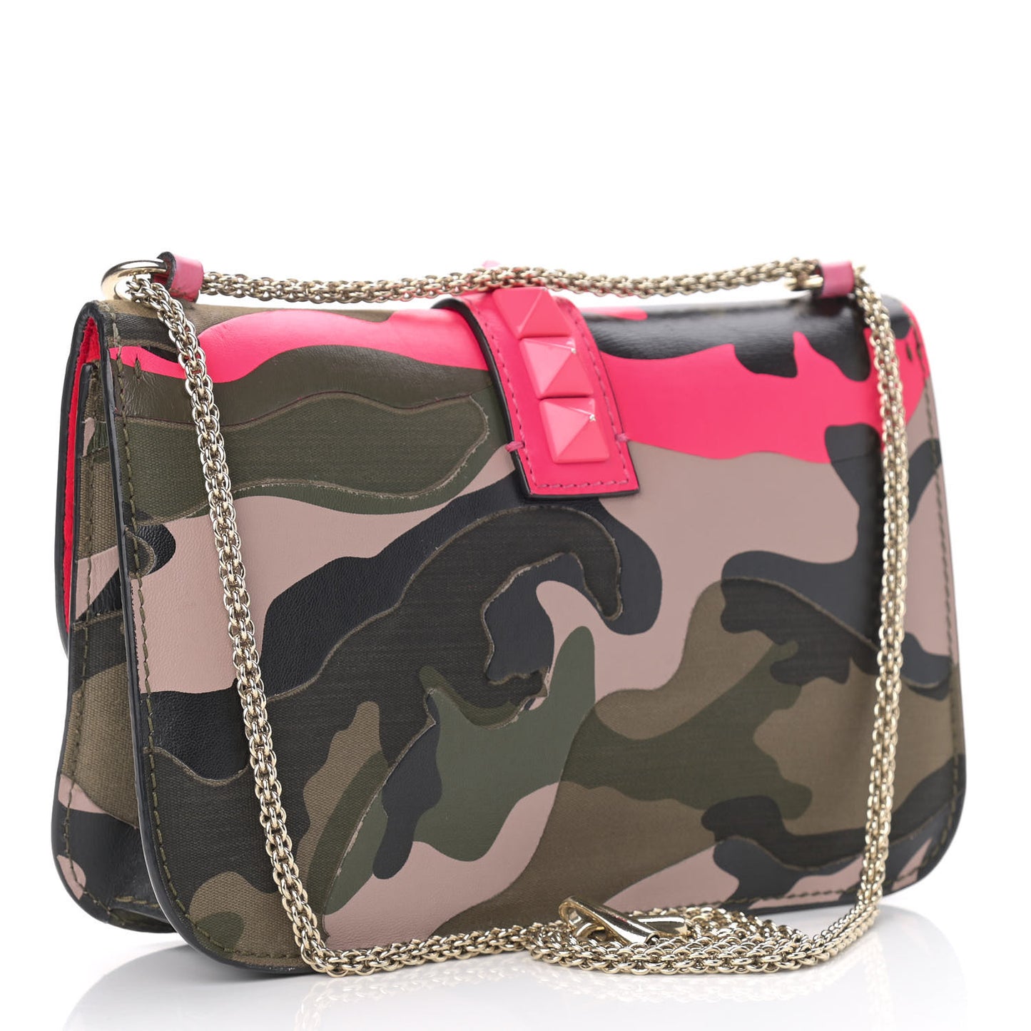 Nappa Canvas Camouflage Medium Glam Lock Rockstud Flap Fuxia Fluo