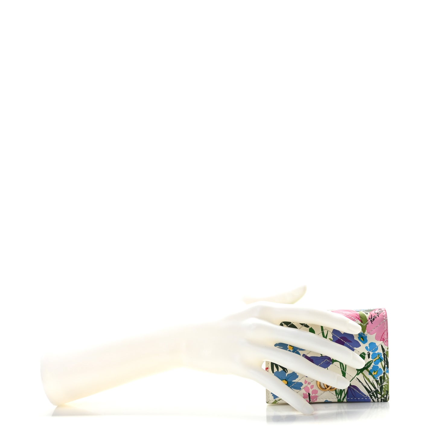 X KEN SCOTT Calfskin Matelasse Floral Print GG Marmont Card Case Wallet Ivory Pink