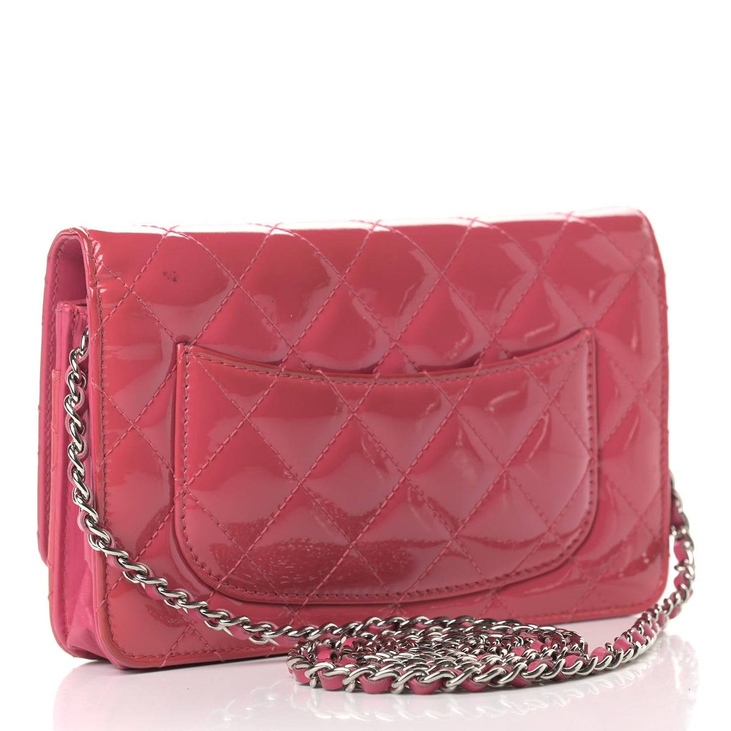 Patent Calfskin Quilted Wallet On Chain WOC Pink