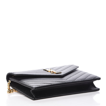 Saint Laurent Grain De Poudre Matelasse Chevron Monogram Envelope Chain Wallet Black 4 of 10