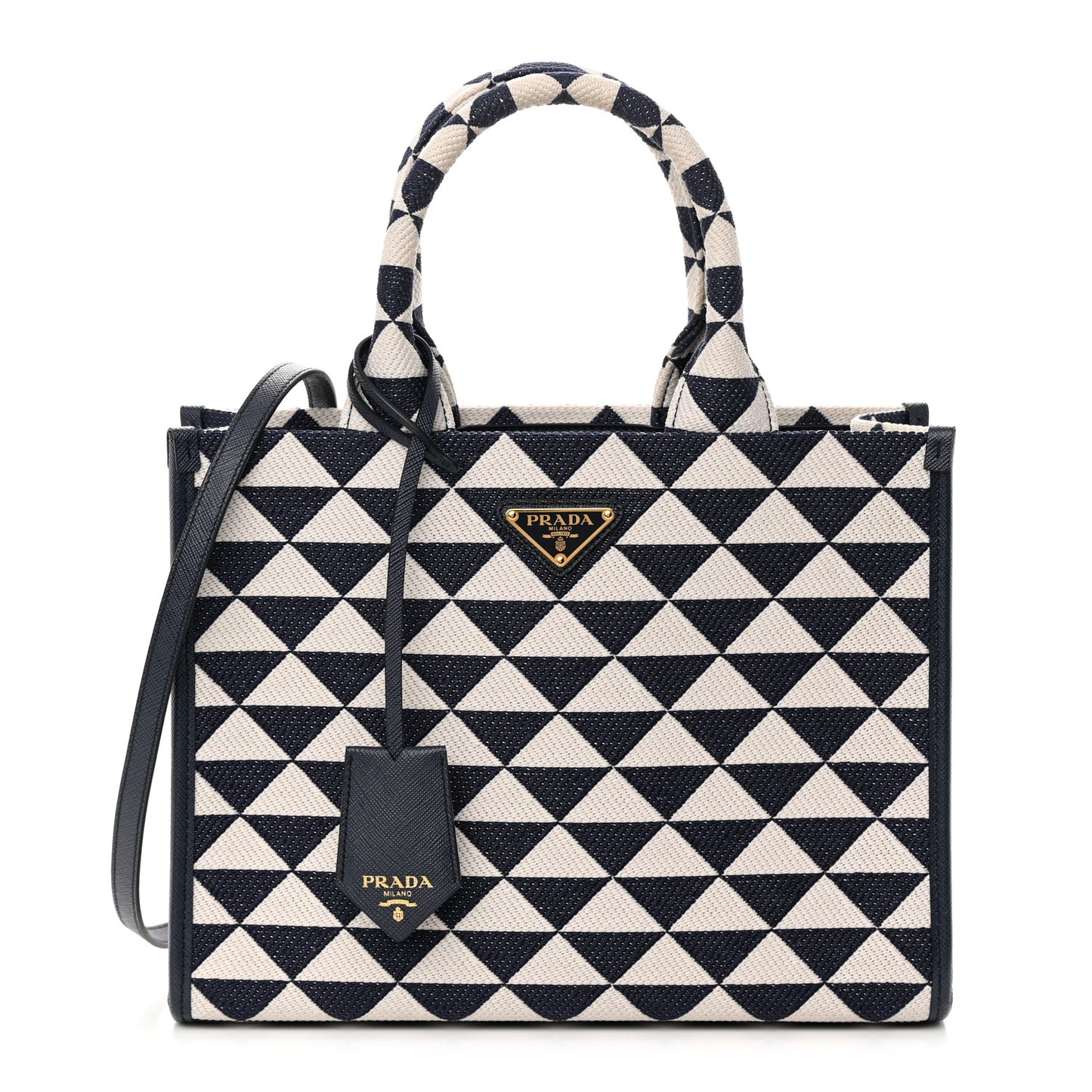 Jacquard Saffiano Triangolo Symbole Embroidered Small Tote Baltico Talco