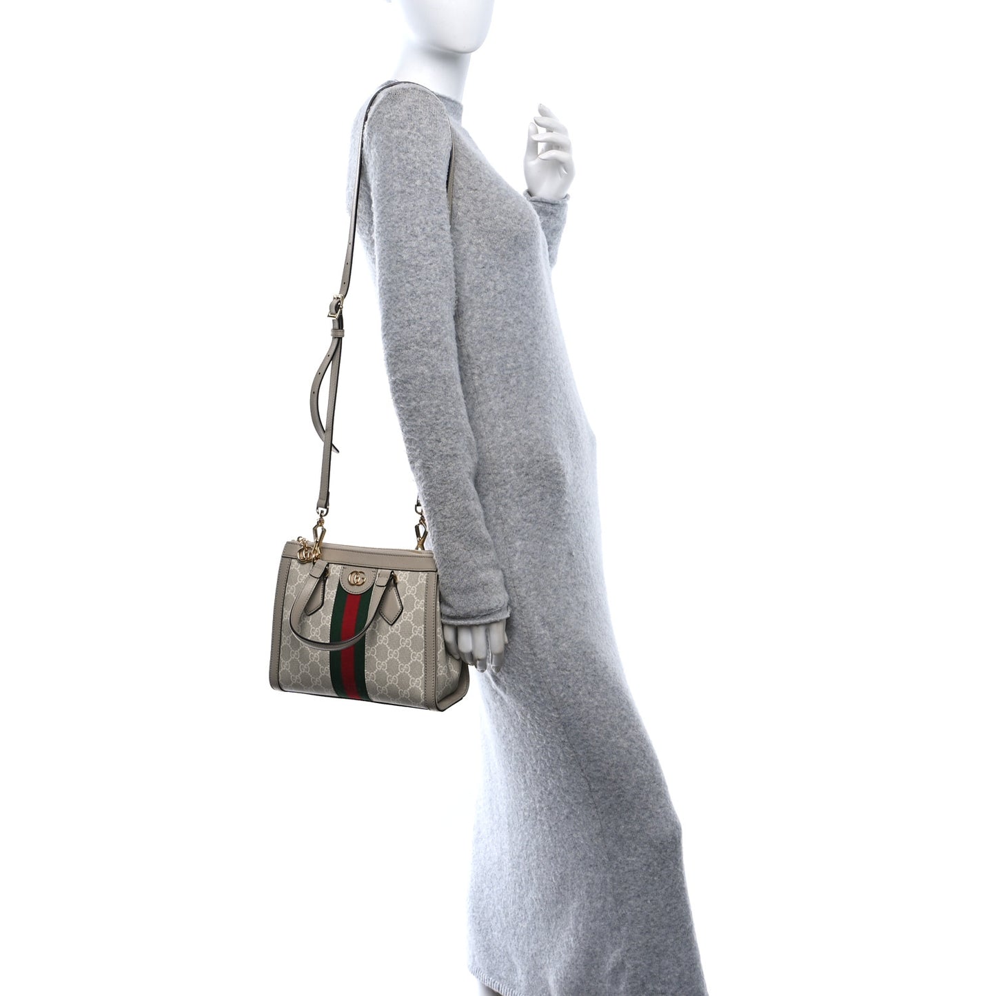 GG Supreme Monogram Textured Dollar Calfskin Web Small Ophidia Tote Bag Beige Mystic White Oatmeal