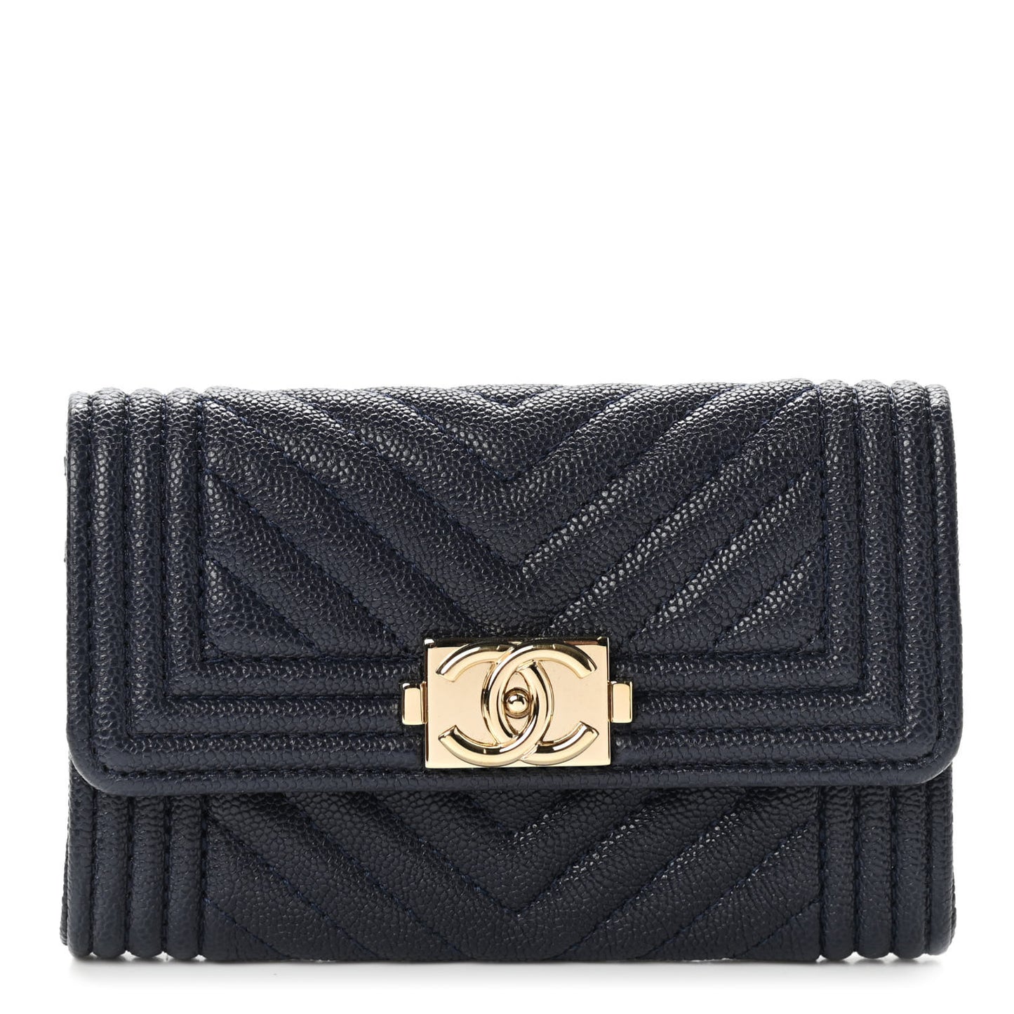 Caviar Chevron Quilted Boy Card Holder Wallet Navy