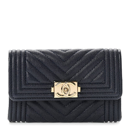 Chanel Caviar Chevron Quilted Boy Card Holder Wallet Navy 1 of 9