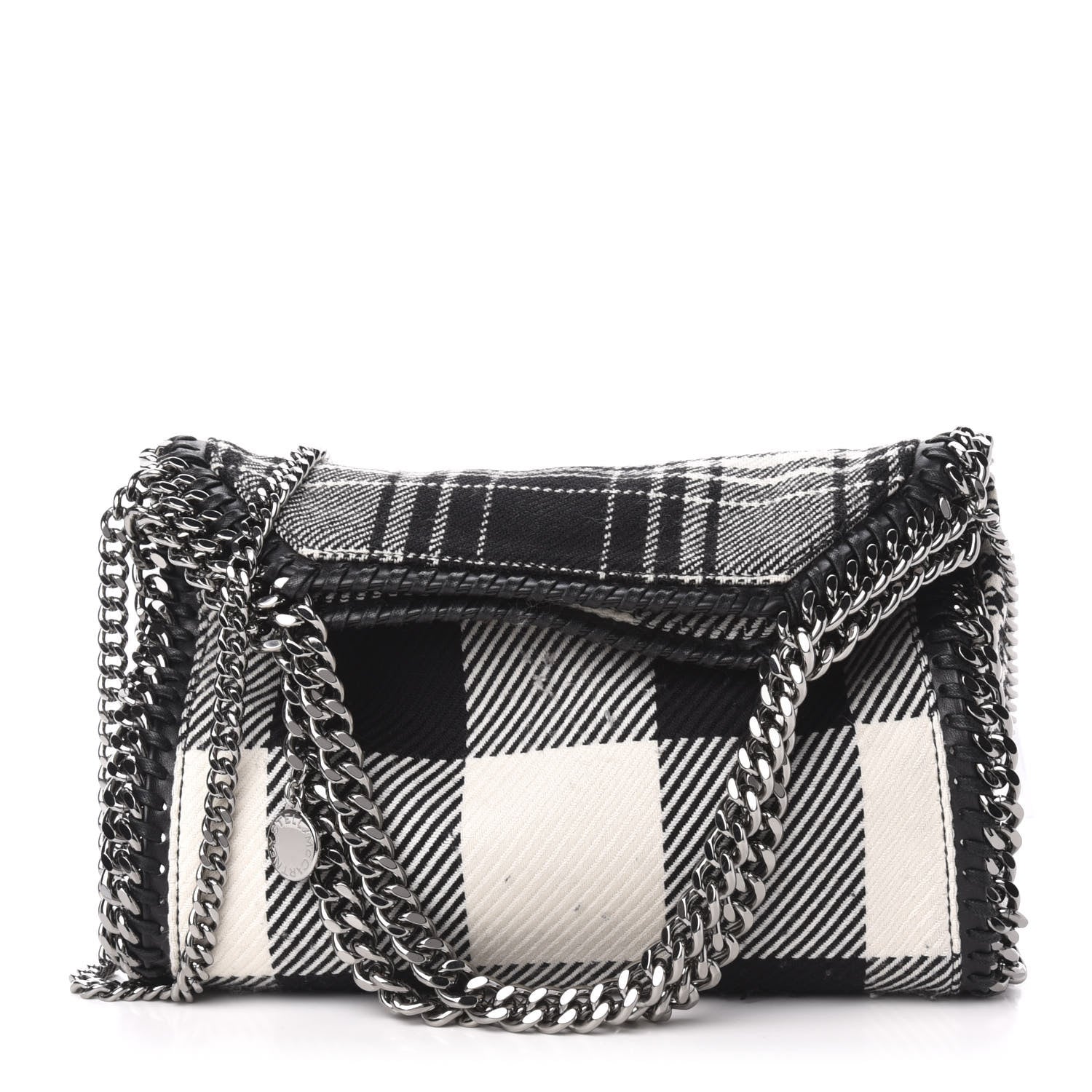 Stella McCartney Wool Plaid Mini Falabella Fold Over Tote Black White 1 of 13