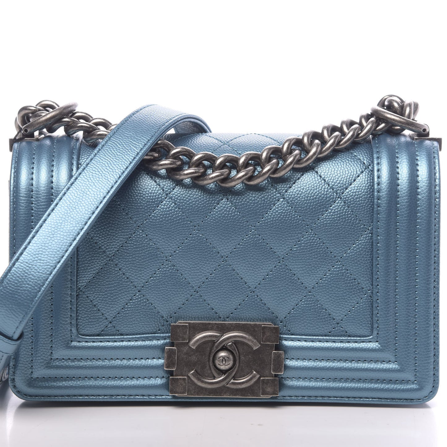Metallic Caviar Quilted Small Boy Flap Turquoise