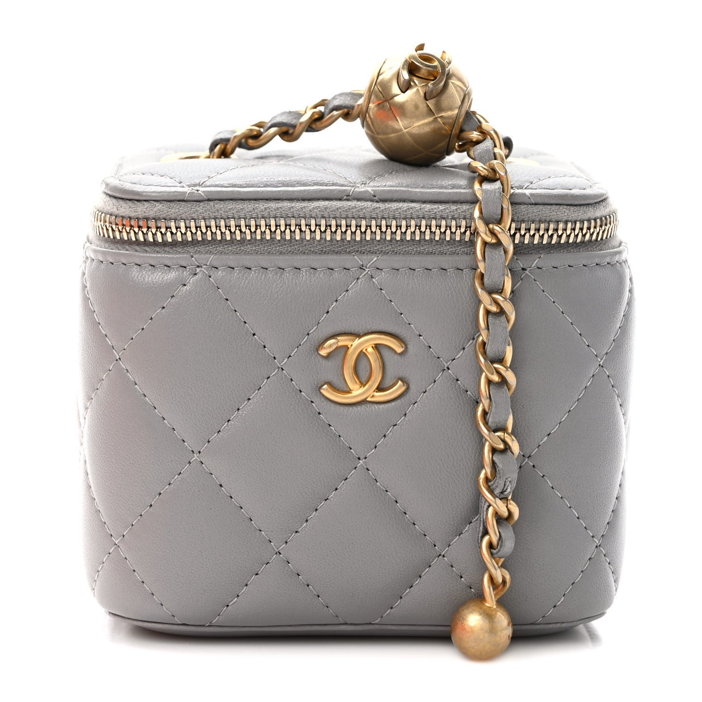 Lambskin Quilted Pearl Crush Mini Vanity Case With Chain Grey