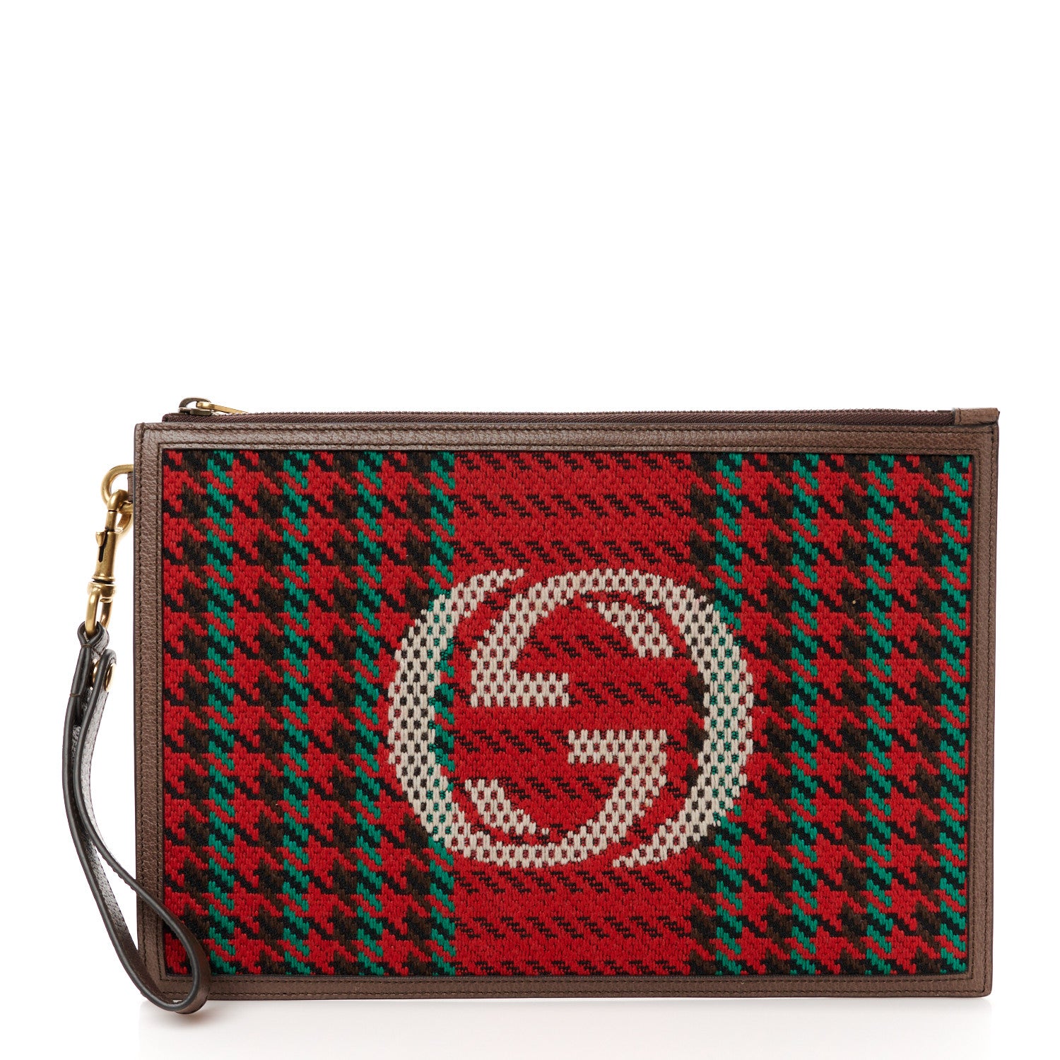 Gucci Cotton Wool Textured Calfskin Houndstooth Stripe Interlocking G Pouch Red Green Ivory Multicolor New Acero 1 of 9