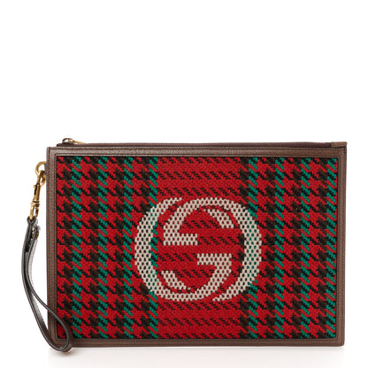 Gucci Cotton Wool Textured Calfskin Houndstooth Stripe Interlocking G Pouch Red Green Ivory Multicolor New Acero 1 of 9